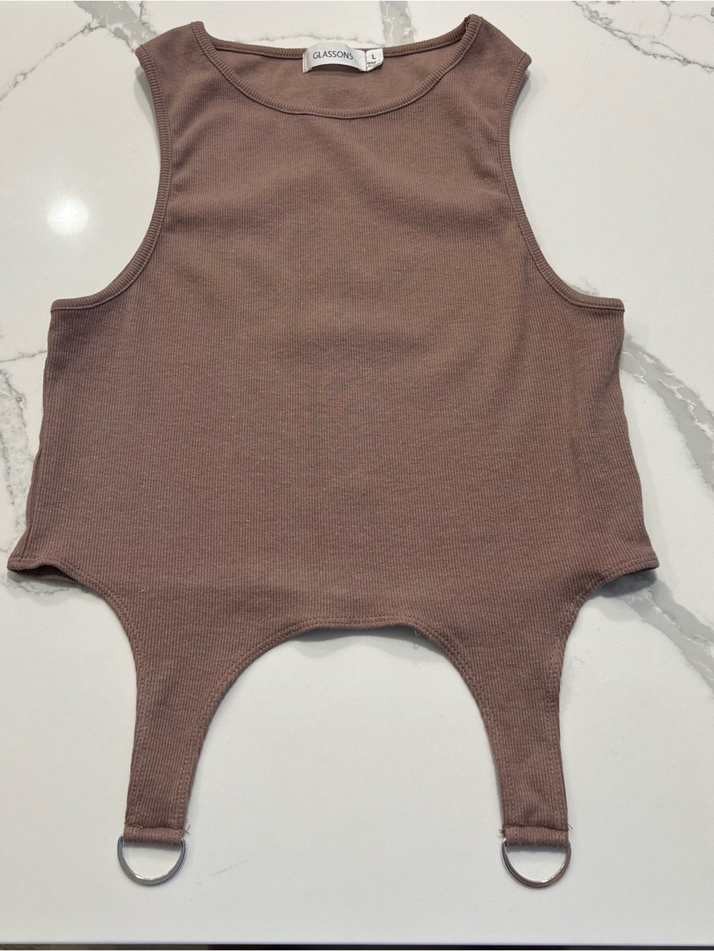 GLASSONS Mauve-Brown Ribbed Ring-Trim Crop Tank - Size L